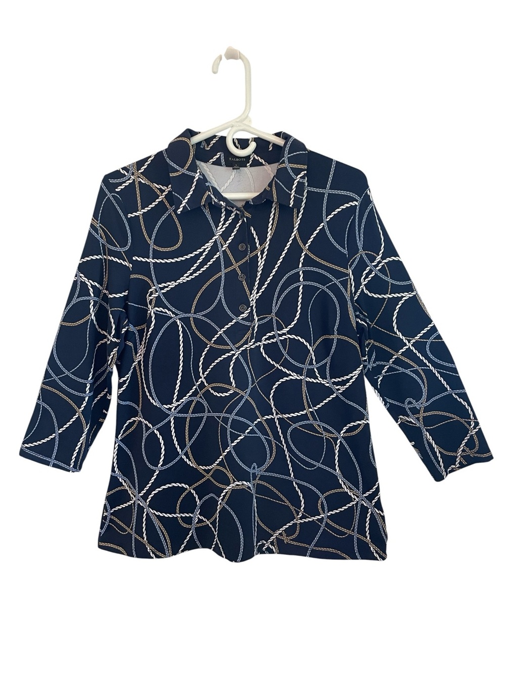 Talbots Navy Rope Loop Print Collared 3/4 Sleeves Pullover Tunic Top L VGUC